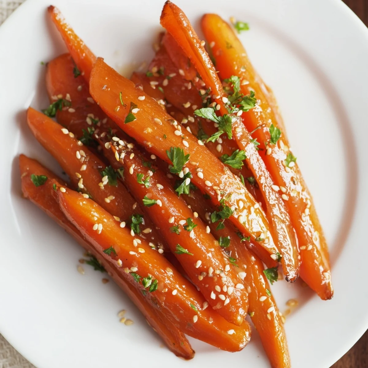 Golden roasted carrots with honey glaze, glistening on a serving platter with fresh parsley and sesame seeds.