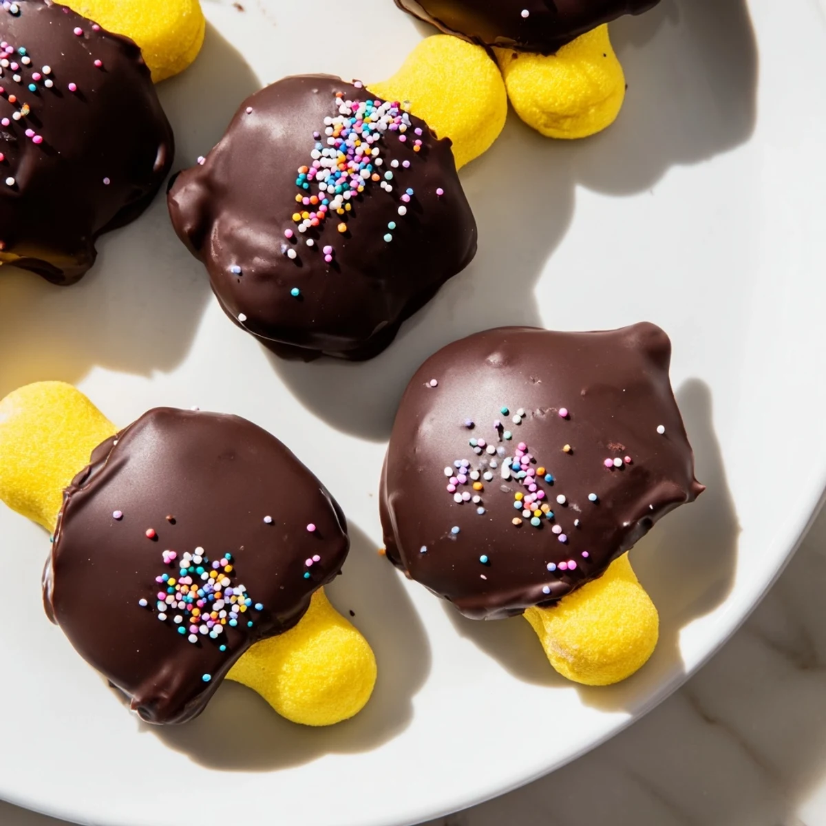 Chocolate covered Peeps marshmallows with a glossy dark chocolate coating and colorful sprinkles for a festive treat.  