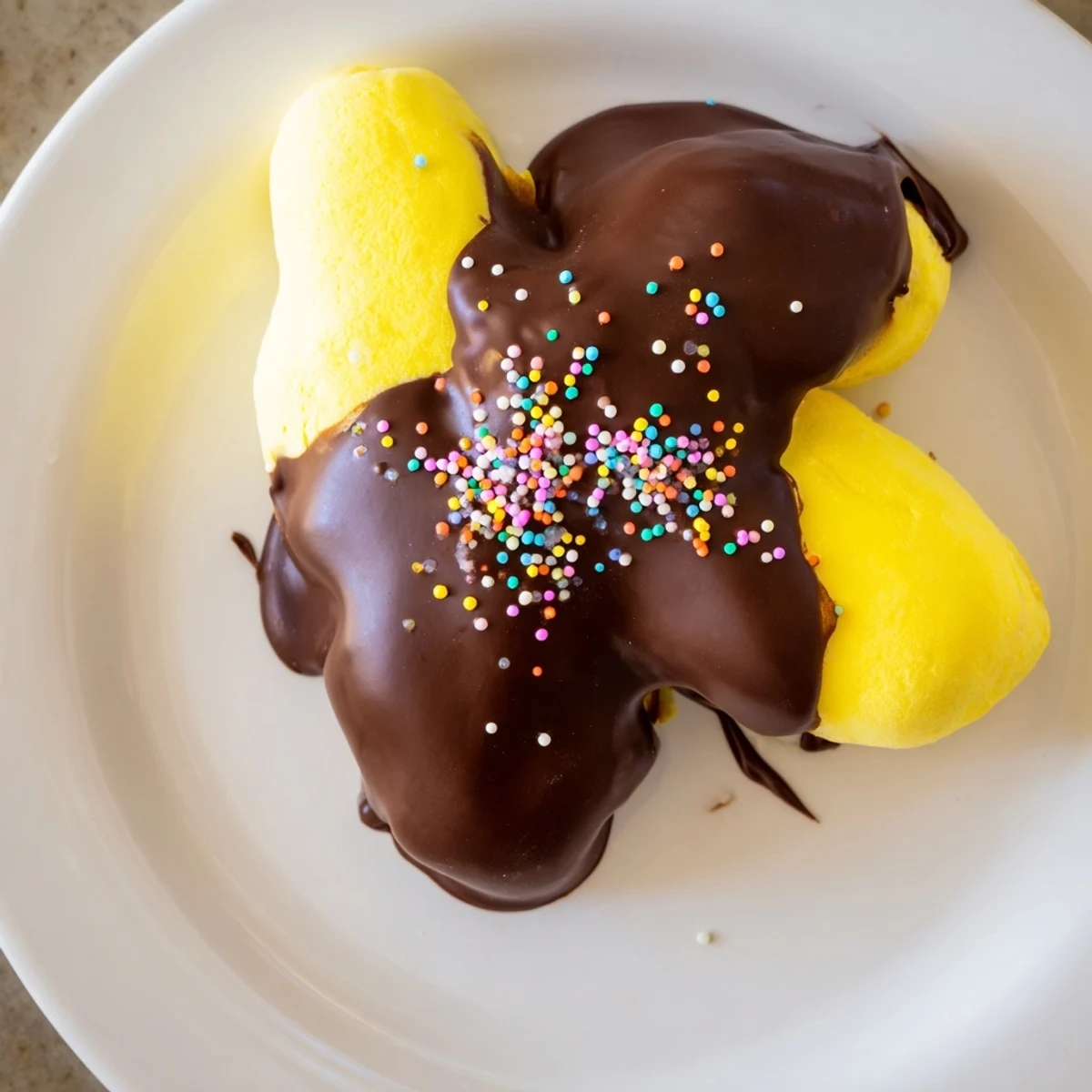 A close-up of chocolate covered Peeps on a baking sheet, perfectly dipped and decorated for Easter or spring celebrations.  
