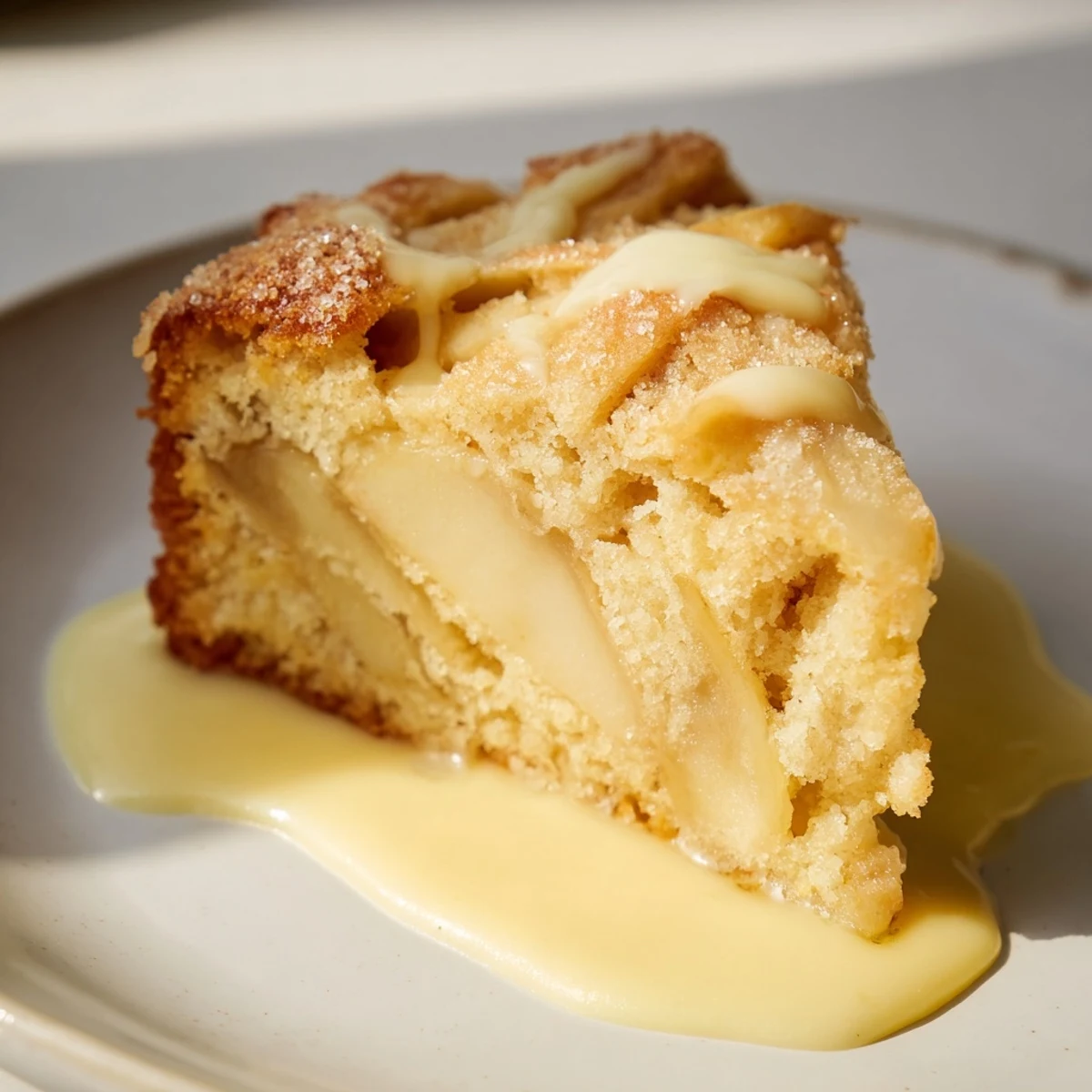 A close-up view of a slice of Irish Apple Cake with Custard, revealing tender apples and a soft, buttery crumb topped with rich custard.