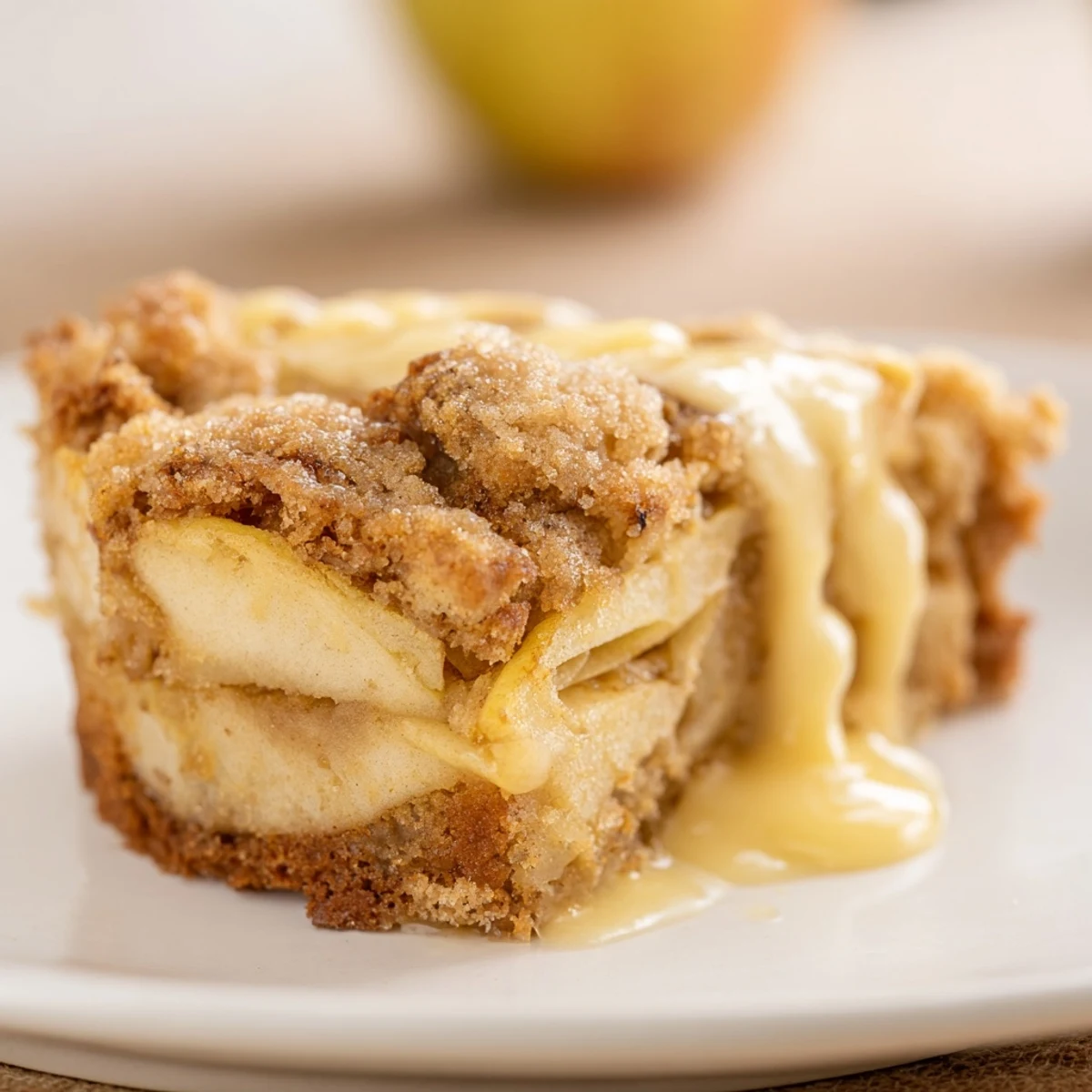 Golden slices of Irish Apple Cake with Custard, served warm on a rustic plate, drizzled with creamy vanilla custard and a sprinkle of demerara sugar.