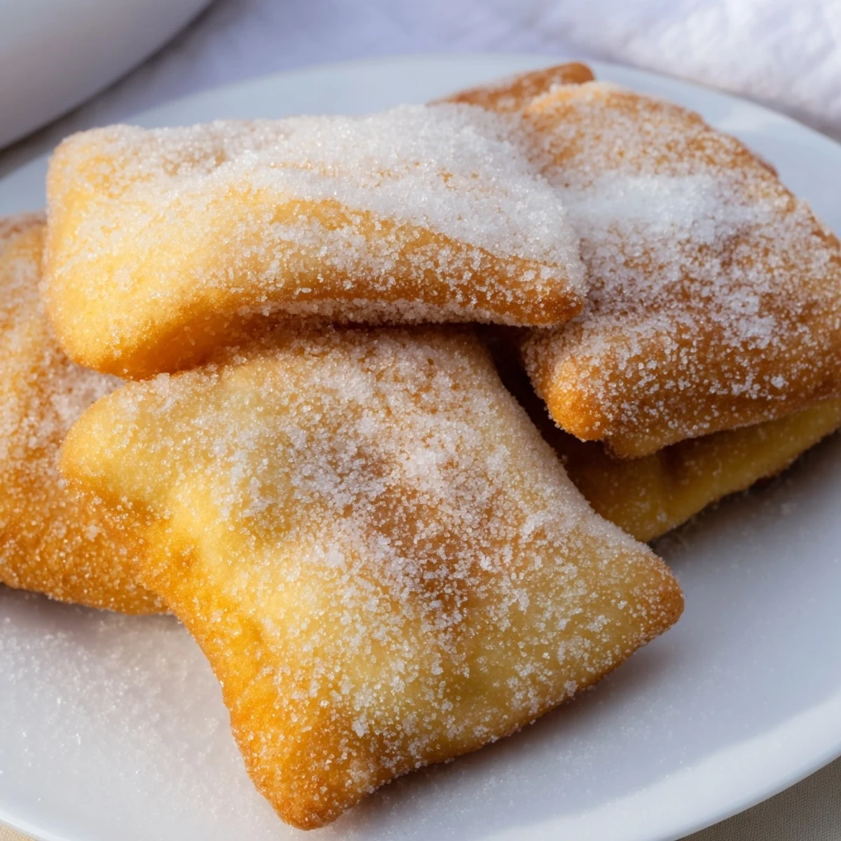 Warm, golden Mardi Gras fried dough squares dusted with sugar on a plate.