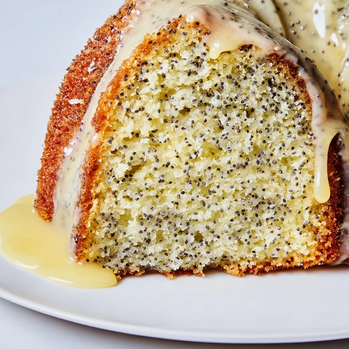 Freshly baked Lemon Poppy Seed Bundt Cake with a drizzle of tangy lemon glaze on a rustic kitchen table.