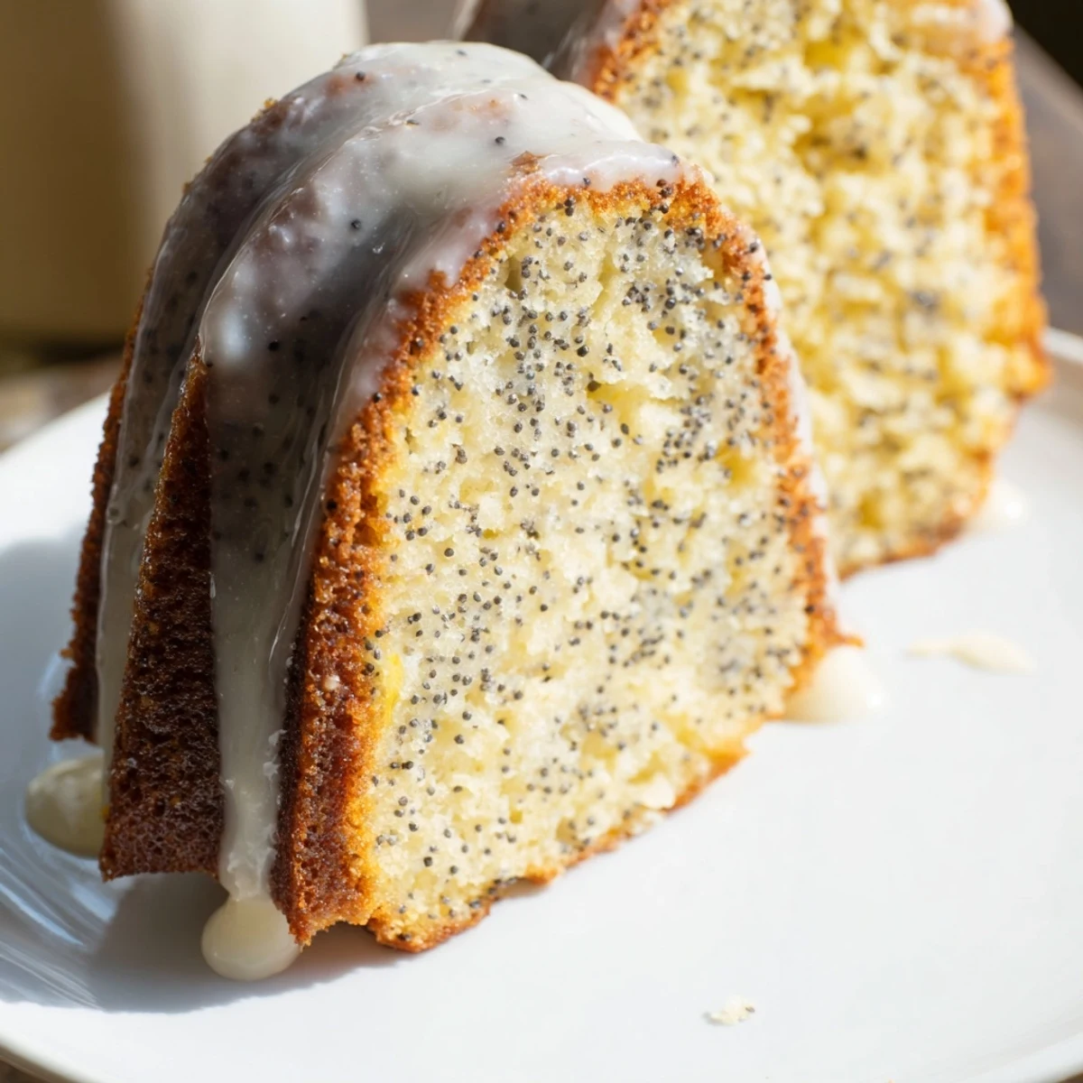 A close-up of Lemon Poppy Seed Bundt Cake showing moist crumb, poppy seeds, and shiny glaze on top.