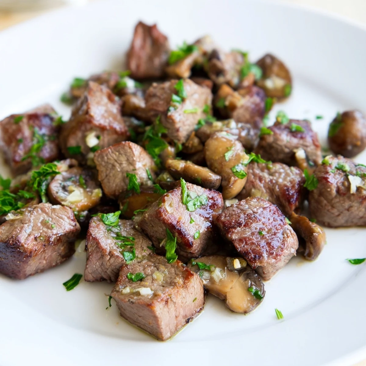 A close-up view of Garlic Butter Steak Bites with Mushrooms garnished with parsley, served alongside mashed potatoes.  
