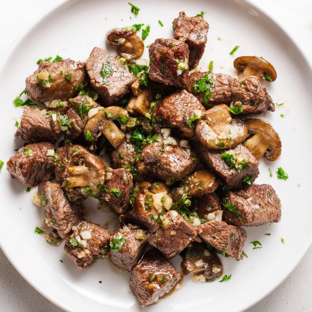 Savory Garlic Butter Steak Bites with Mushrooms plated for dinner, showcasing tender meat and golden caps in garlic butter.
