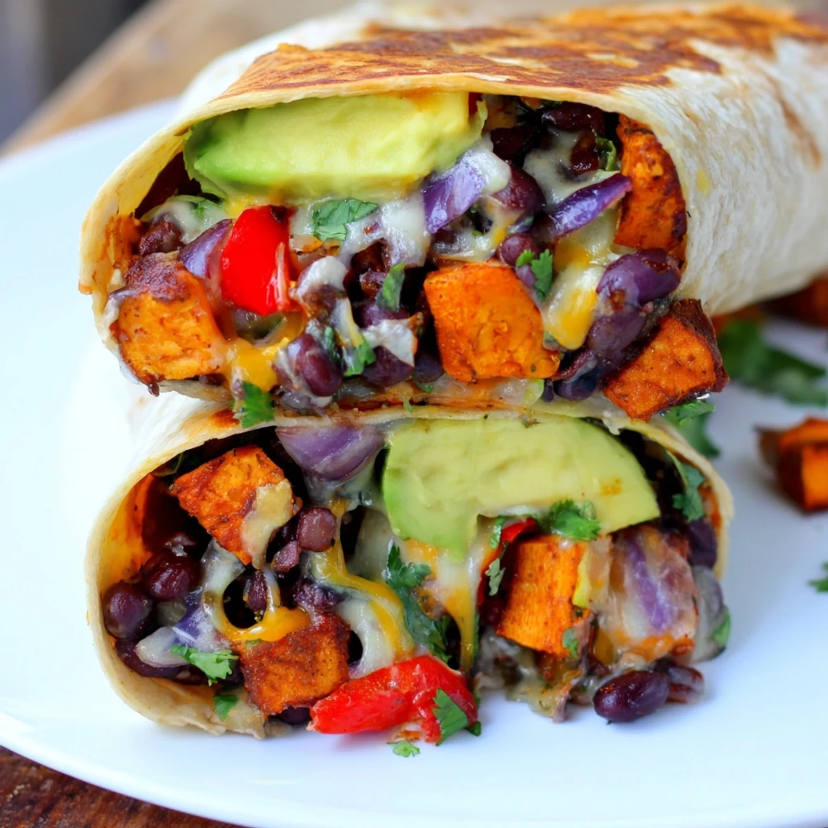 Four Roasted Sweet Potato and Black Bean Burritos stacked and garnished with lime wedges and fresh cilantro on a plate.