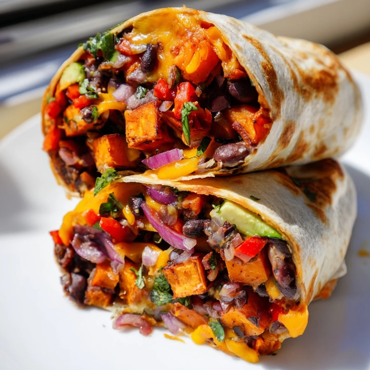 A close-up of a Roasted Sweet Potato and Black Bean Burrito cut in half to show black beans and roasted sweet potatoes.