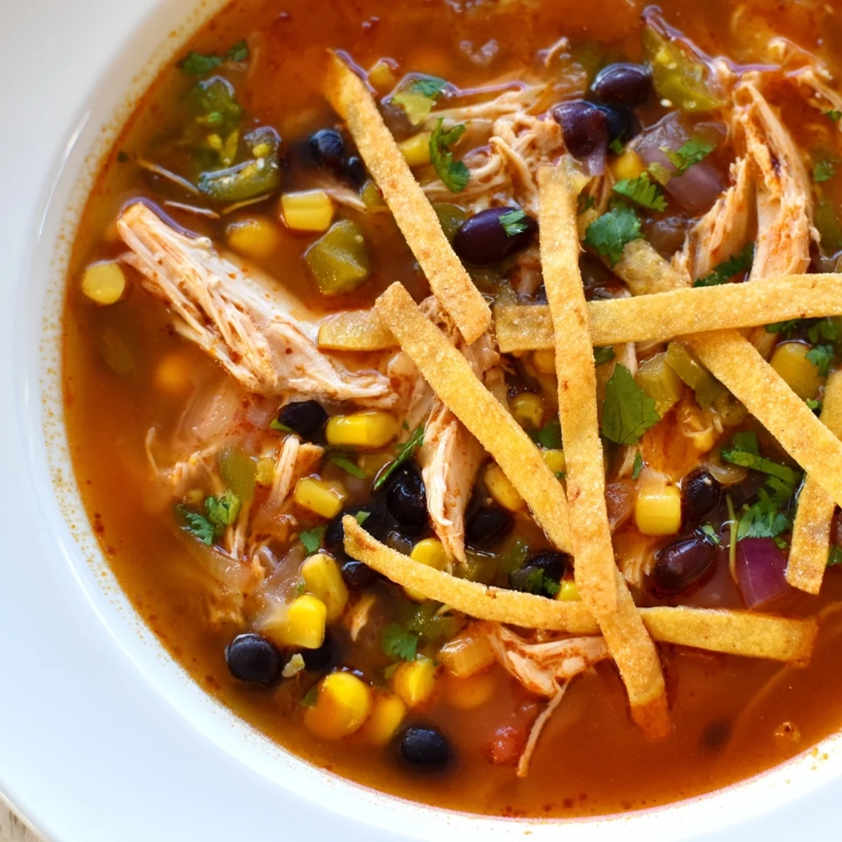 A steaming bowl of Chicken Tortilla Soup with Crispy Strips, topped with avocado and fresh cilantro.