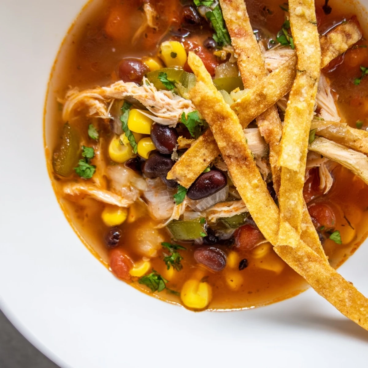 Close-up of golden crispy tortilla strips garnishing a hearty serving of Chicken Tortilla Soup with chicken and corn.