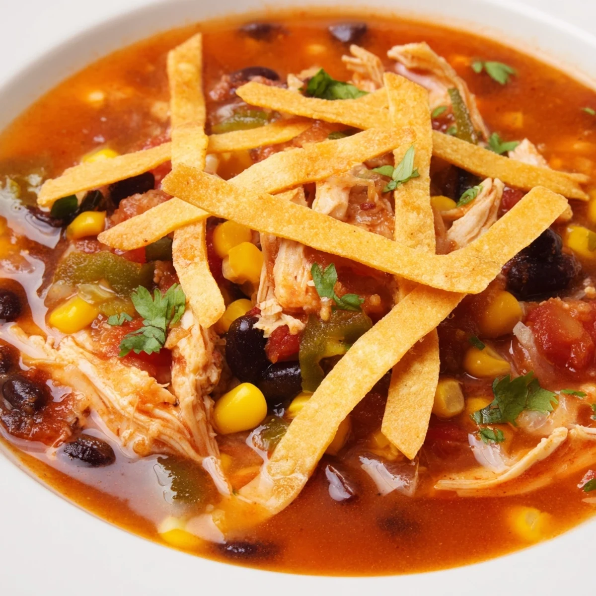 Warm Chicken Tortilla Soup with Crispy Strips served in a rustic bowl with lime wedges on the side.