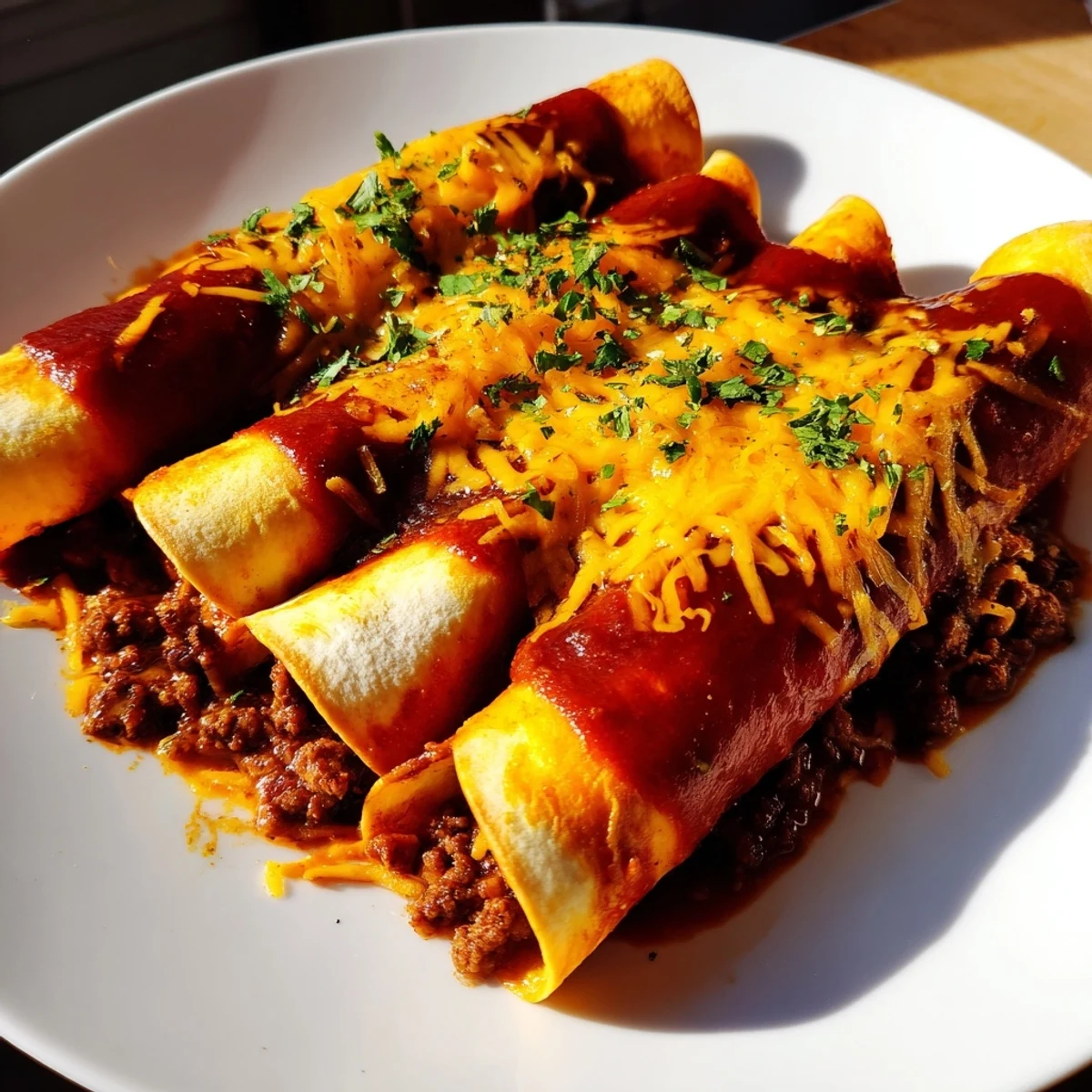 Freshly baked Beef Enchiladas with Red Enchilada Sauce, melted cheddar and Monterey Jack cheese bubbling over soft corn tortillas.