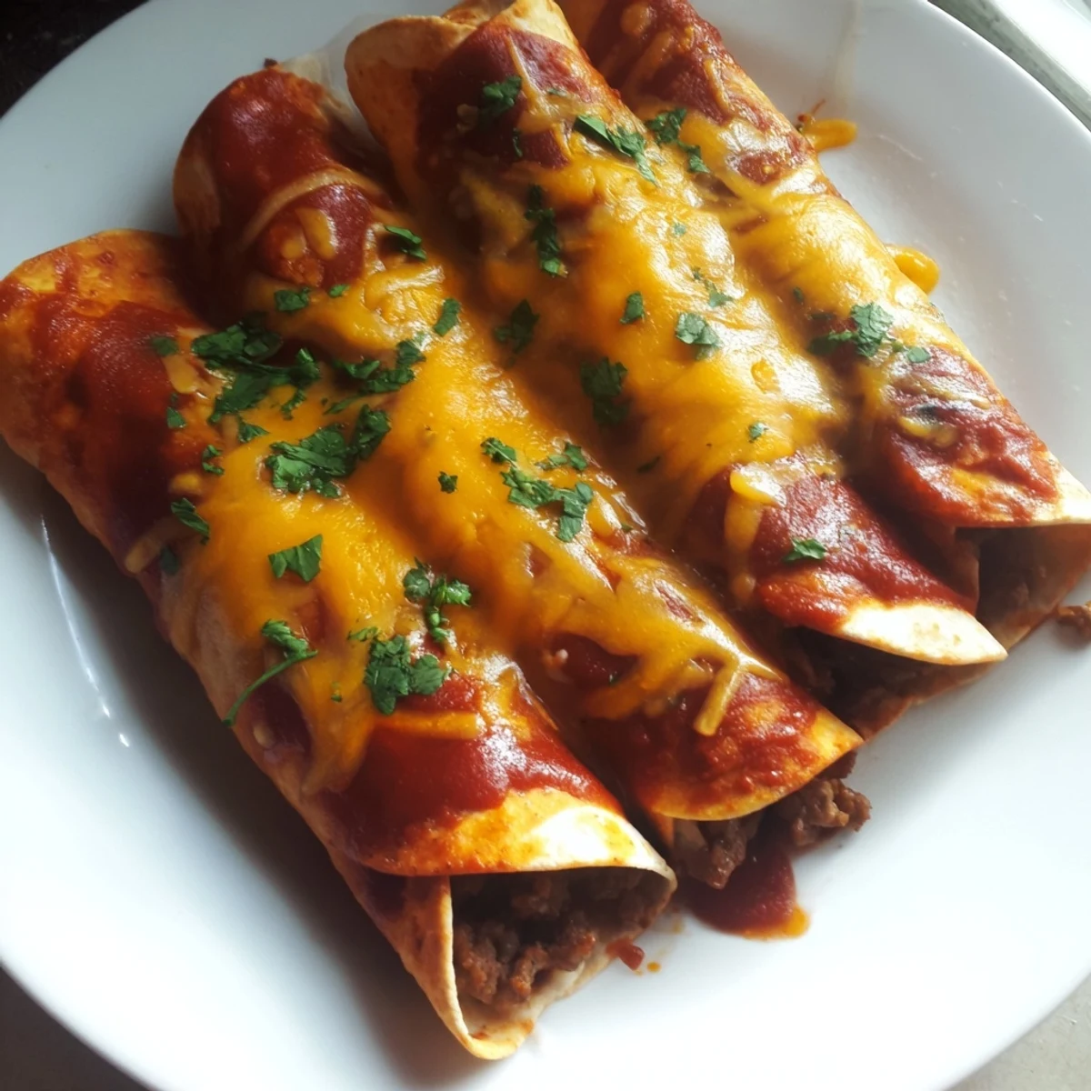 Ground beef filling wrapped in warm tortillas, smothered in rich homemade red enchilada sauce and garnished with fresh cilantro.