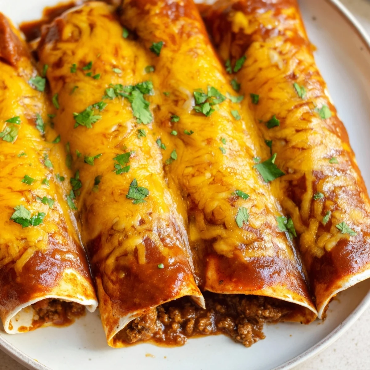 Bubbling cheese on baked Beef Enchiladas with Red Enchilada Sauce, served on a white plate with sliced avocado.