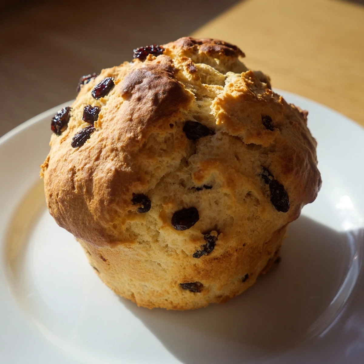Warm Irish Soda Bread Muffins with Currants are served with a cup of tea for a cozy breakfast spread.  