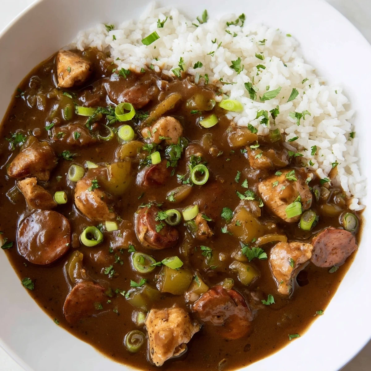 Steaming Cajun Chicken and Sausage Gumbo served over fluffy white rice with fresh parsley garnish.