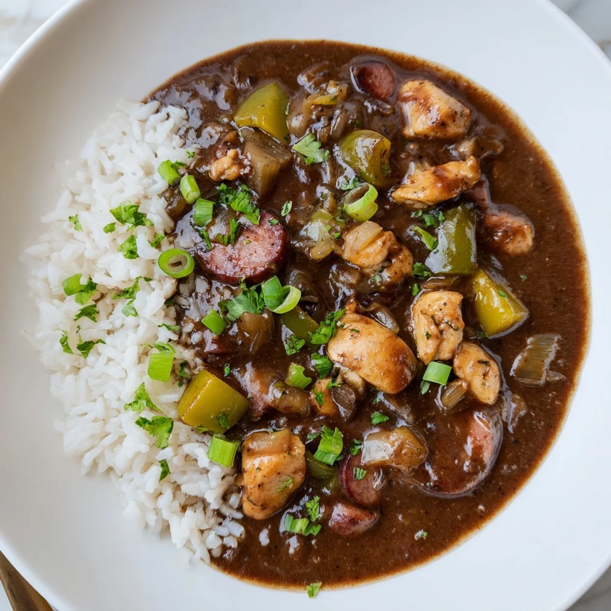 A hearty bowl of Cajun Chicken and Sausage Gumbo featuring tender meat and rich, dark roux.