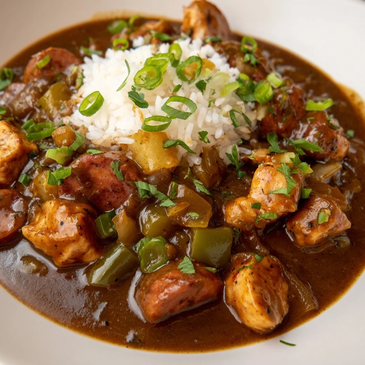 Close-up of Cajun Chicken and Sausage Gumbo revealing smoky andouille sausage and vegetables in spicy broth.