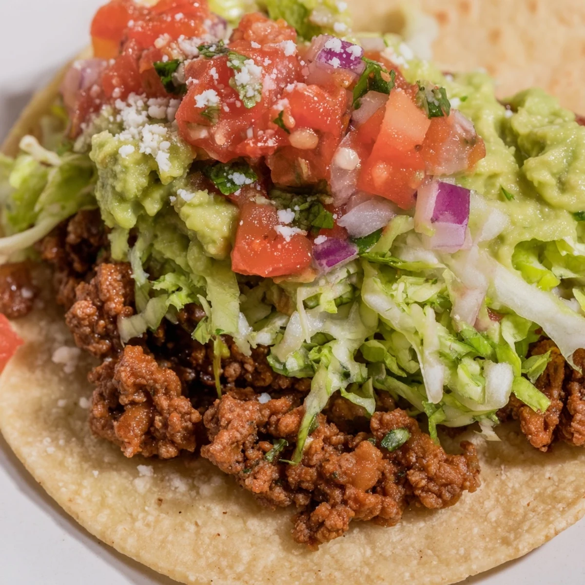 Juicy seasoned ground beef sits in warm corn tortillas with fresh homemade salsa and creamy guacamole in this Beef Tacos with Homemade Salsa and Guacamole dish.