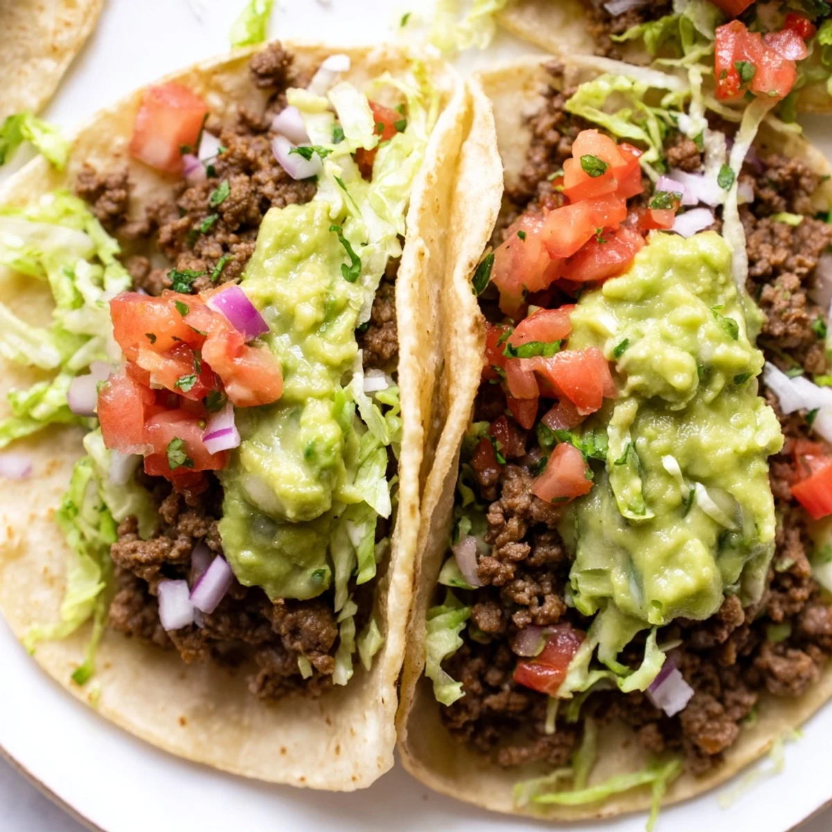 Close-up of Beef Tacos with Homemade Salsa and Guacamole shows shredded lettuce, melted cheese, and lime wedges beside hearty, flavorful taco fillings.