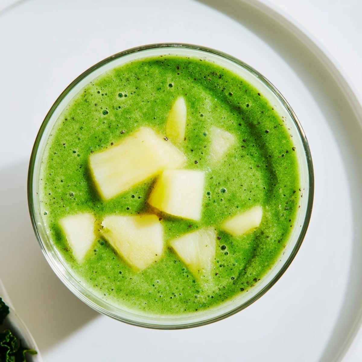 Creamy Green Smoothie with Kale and Pineapple served tall with a vibrant green hue and ice chunks.