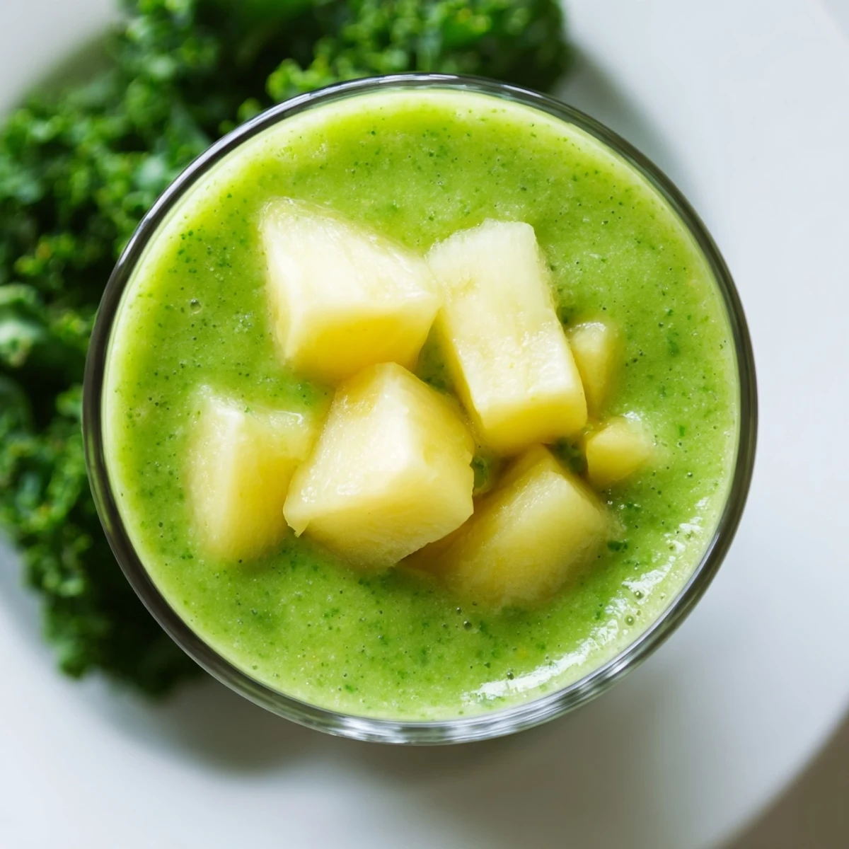 A frosted glass of Green Smoothie with Kale and Pineapple beside sliced fruit and fresh kale leaves.