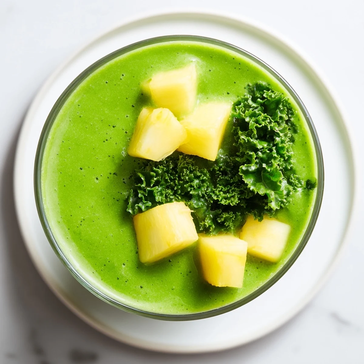 Refreshing Green Smoothie with Kale and Pineapple on a sunny table, garnished with a pineapple wedge and straw.