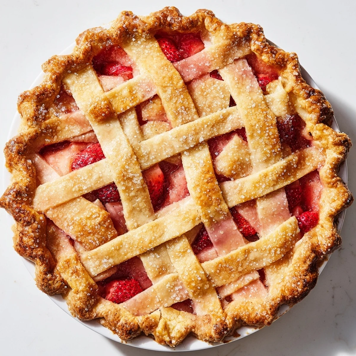 A close-up view of a freshly baked Strawberry Rhubarb Pie with Lattice Crust, bubbling with sweet-tart filling through golden, buttery strips.