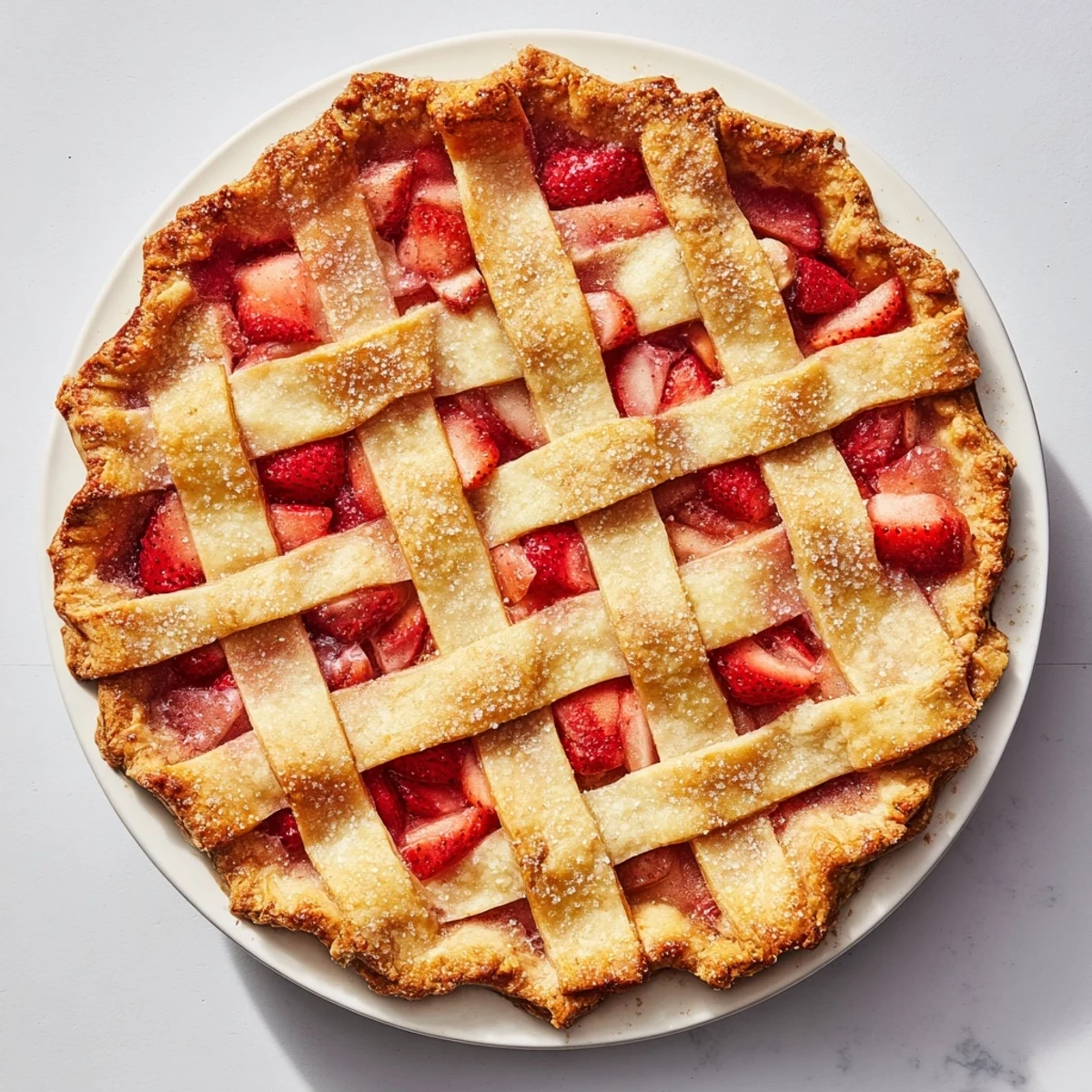 This beautiful Strawberry Rhubarb Pie with Lattice Crust is served warm with a scoop of vanilla ice cream melting on top.