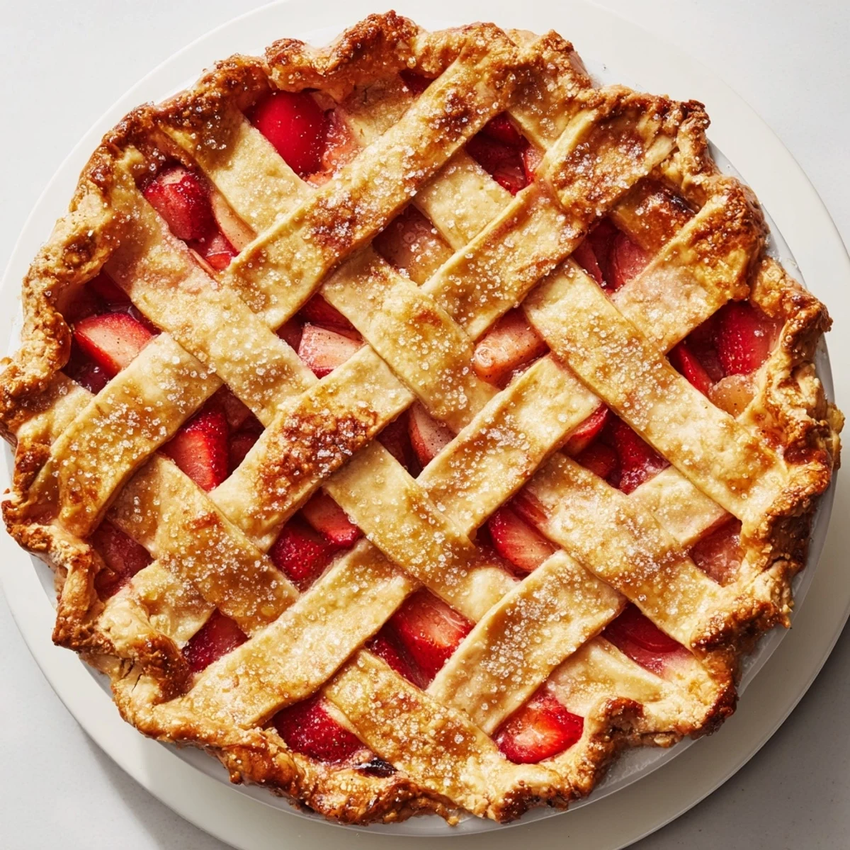 Golden-brown and perfectly baked, the Strawberry Rhubarb Pie with Lattice Crust showcases juicy red fruit and vibrant rhubarb inside.