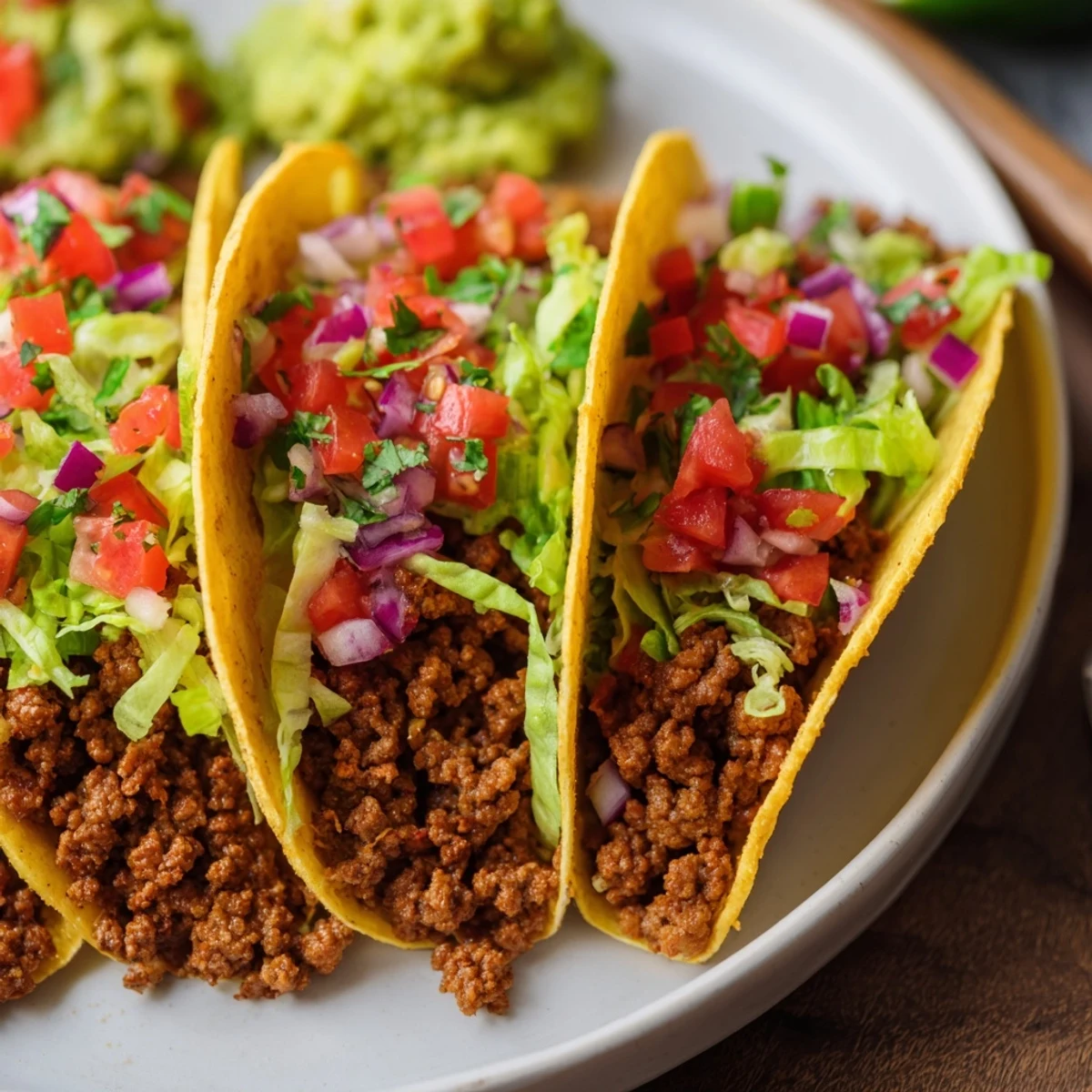 Juicy seasoned ground beef nestled in warm corn tortillas, topped with fresh salsa and creamy guacamole for Beef Tacos with Homemade Salsa and Guacamole.