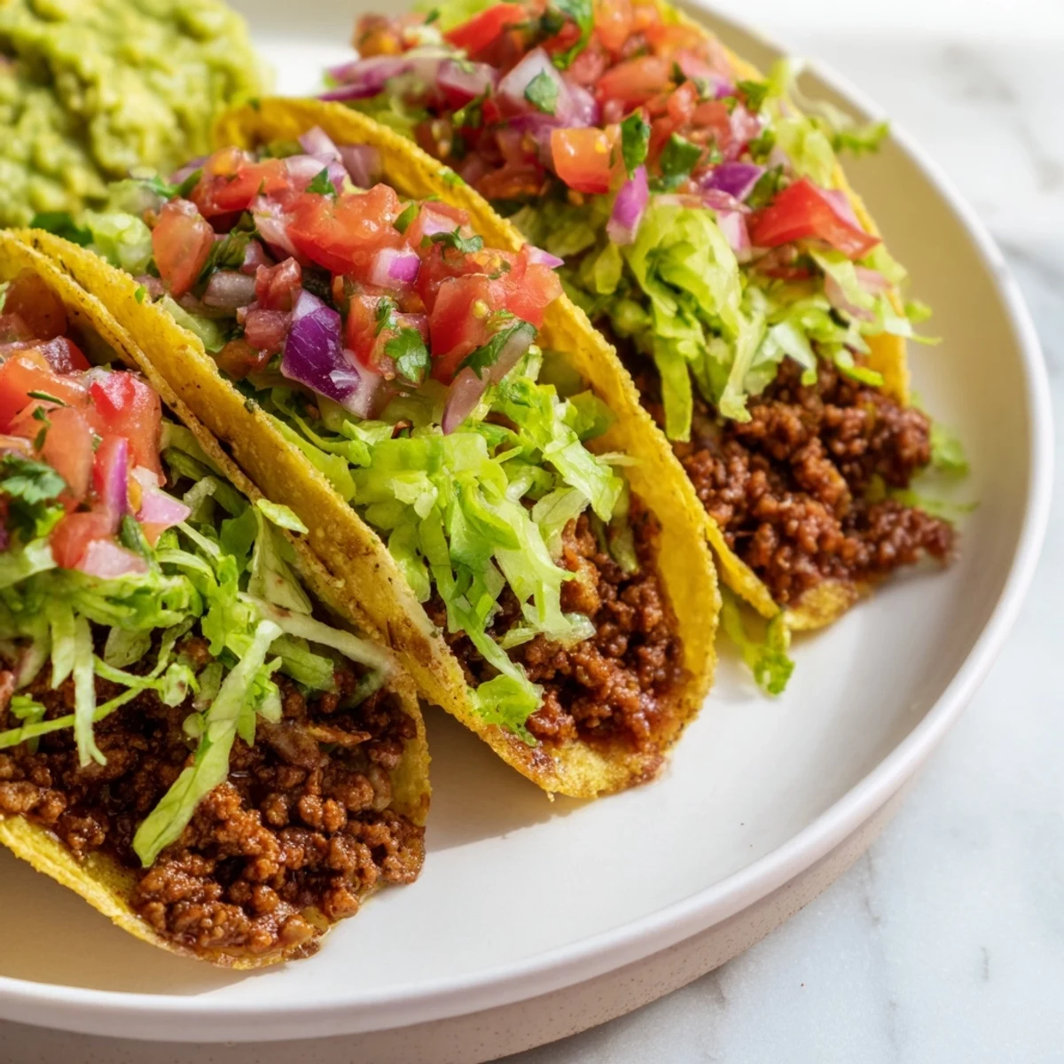 Close-up of vibrant Beef Tacos with Homemade Salsa and Guacamole, featuring shredded lettuce, cheese, and zesty lime wedges on a rustic plate.