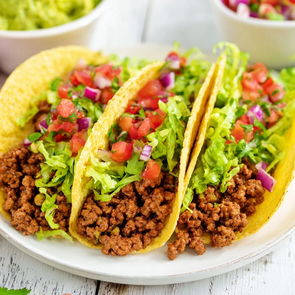 A hearty platter of Beef Tacos with Homemade Salsa and Guacamole, ready to serve with all the colorful toppings for a festive meal.