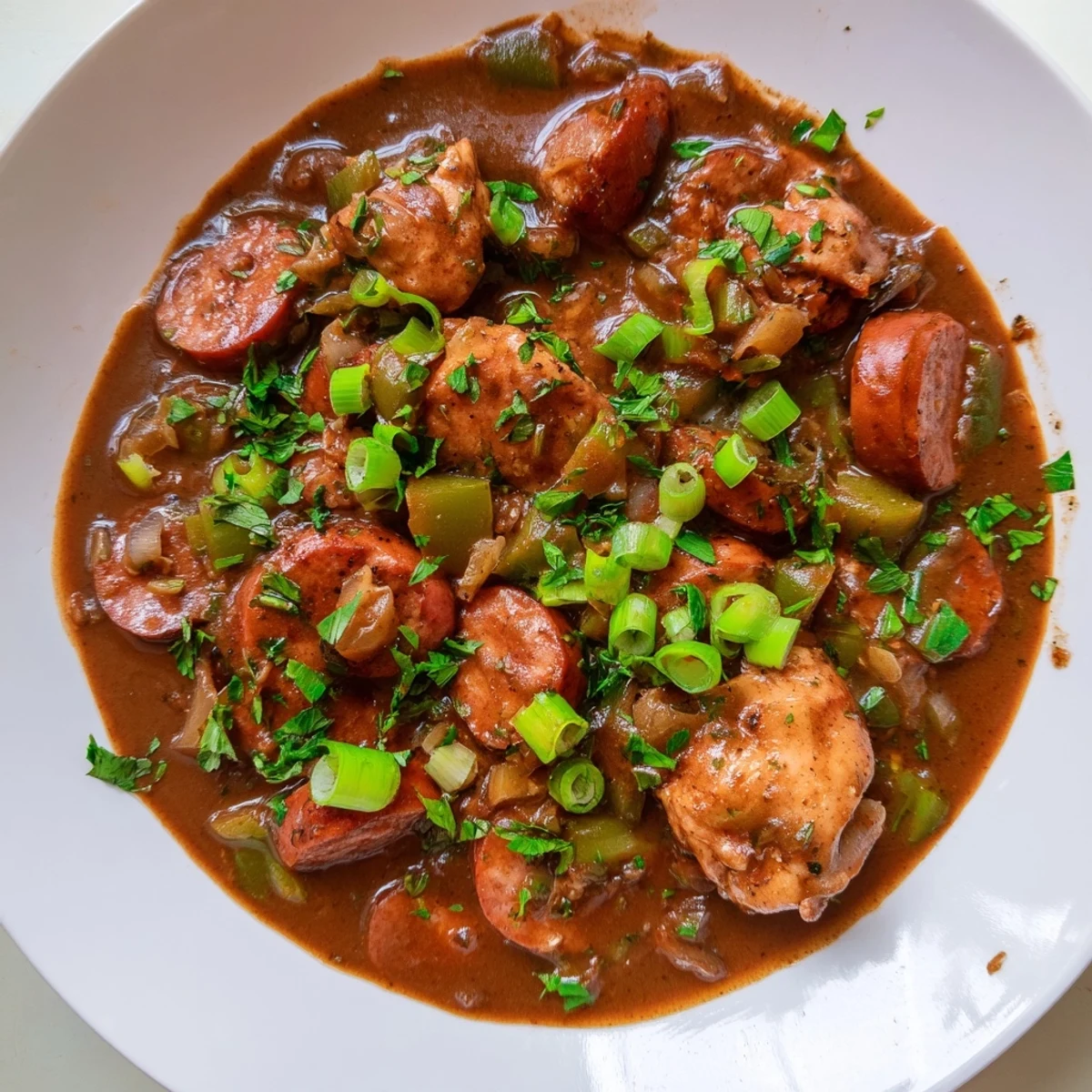 Steaming bowl of Cajun Chicken and Beef Sausage Gumbo with tender meat and rice.