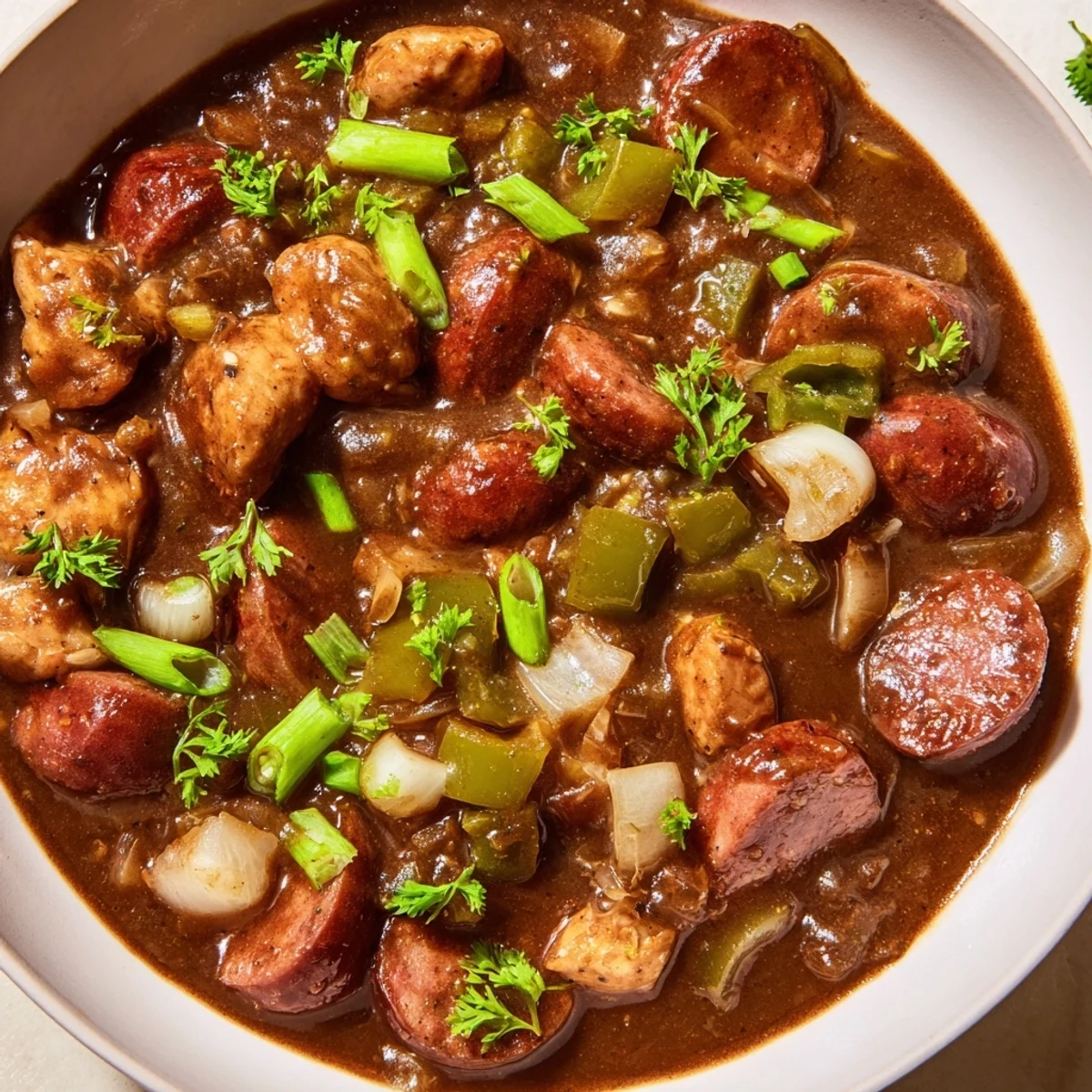 Spicy Cajun Chicken and Beef Sausage Gumbo served in a rustic bowl with garnish.