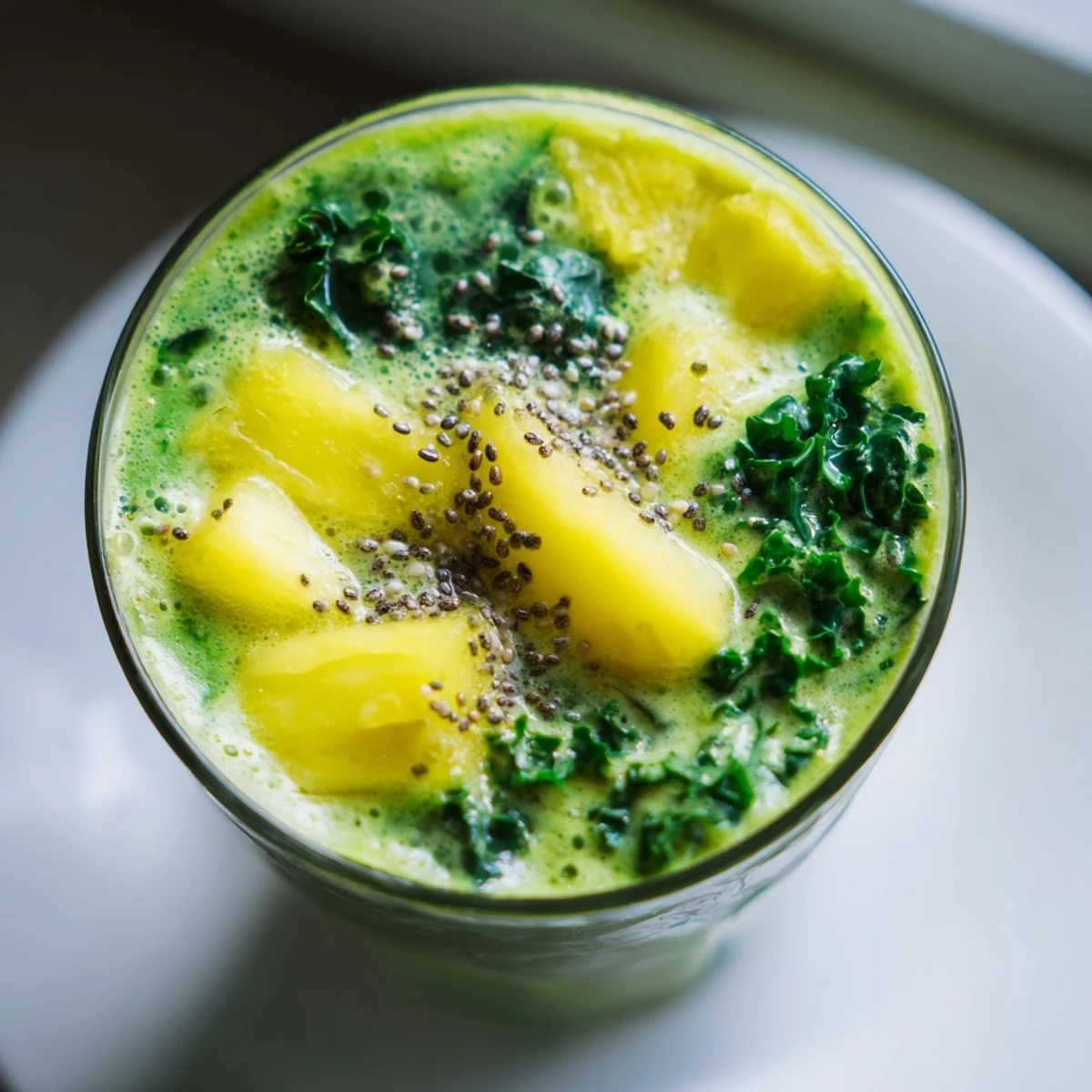 A tall glass of vibrant green smoothie with kale, pineapple, and ginger, garnished with a fresh pineapple wedge.