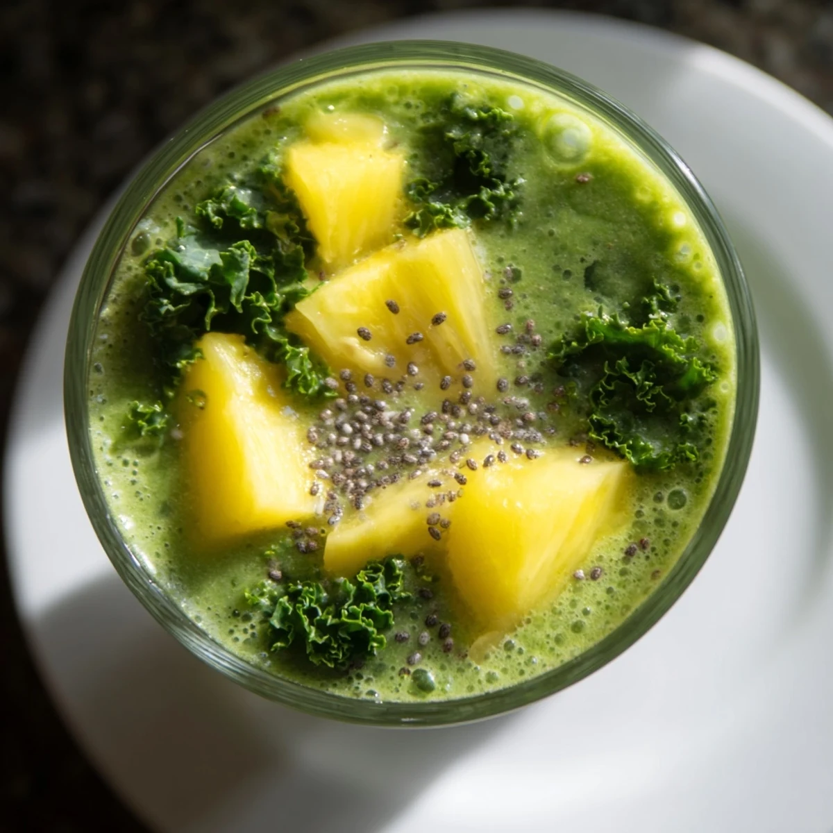 In a blender container, fresh kale, pineapple chunks, ginger, and almond milk are combined to make this Green Smoothie with Kale, Pineapple, and Ginger.