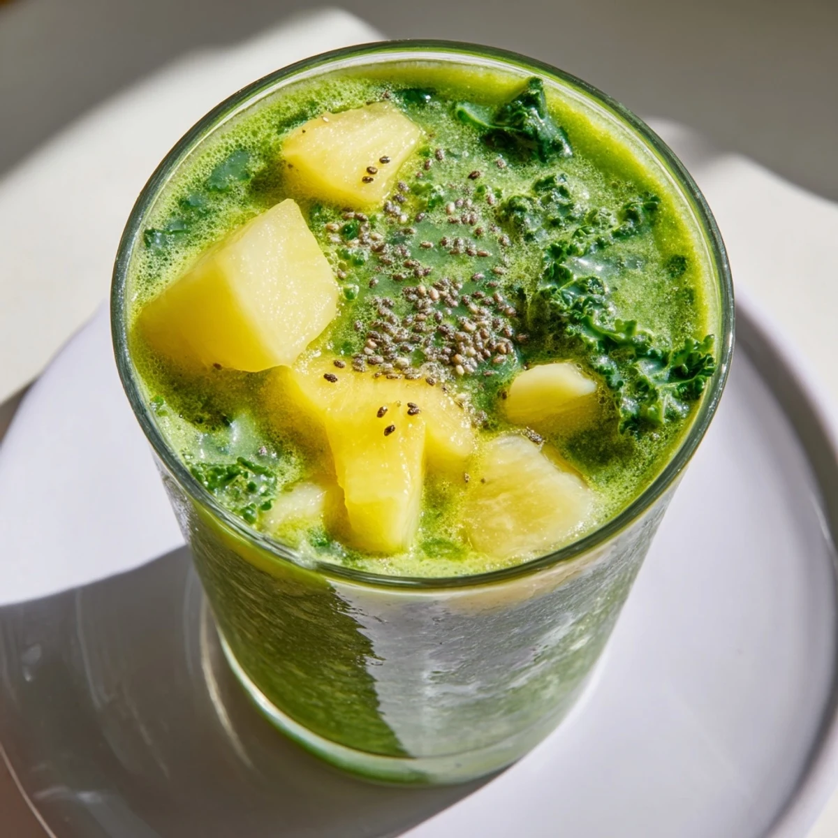 Two frosty glasses of Green Smoothie with Kale, Pineapple, and Ginger sit on a wooden table, ready for a healthy breakfast.