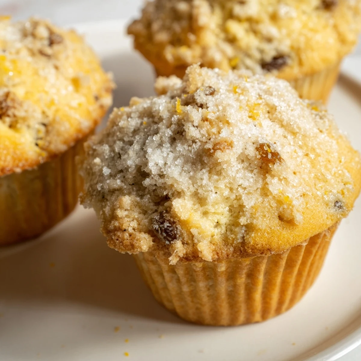 A close-up of freshly baked Irish Soda Bread Muffins with Golden Raisins on a rustic wooden board, showcasing the craggy tops sprinkled with coarse sugar.