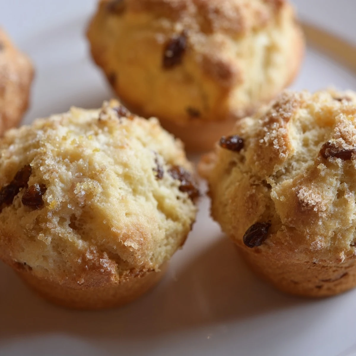 Irish Soda Bread Muffins with Golden Raisins are arranged on a cooling rack, with a knife slathered in butter beside them for a cozy breakfast serving suggestion.