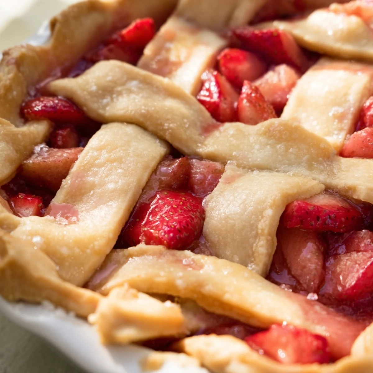 Fresh baked Strawberry Rhubarb Pie with Lattice Top rests on a cooling rack, with vanilla ice cream ready to serve alongside.