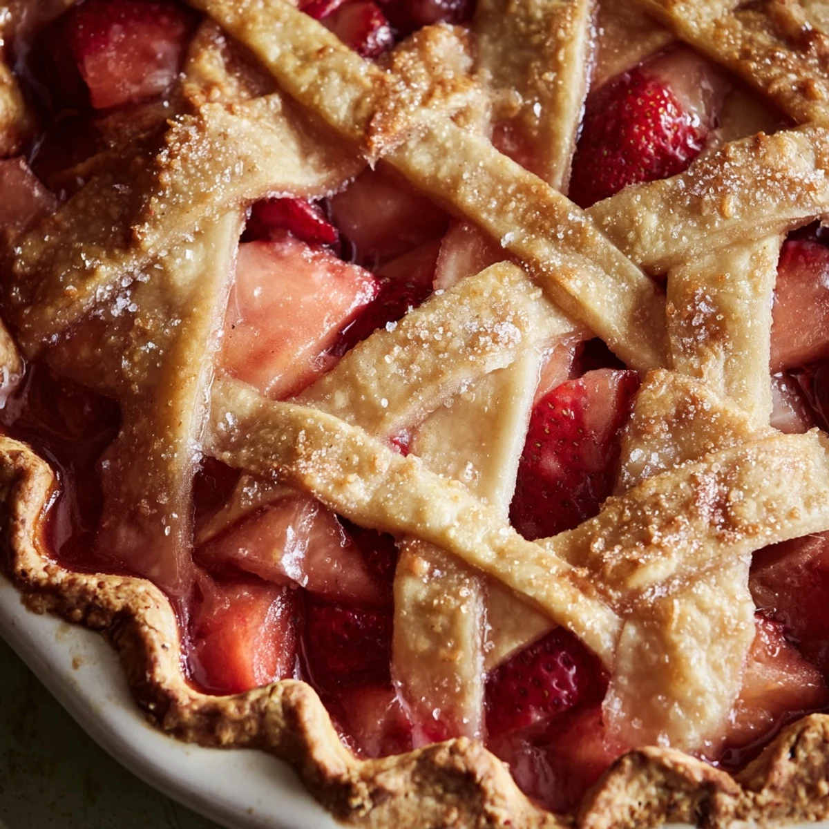 A slice of Strawberry Rhubarb Pie with Lattice Top reveals tender strawberries and tangy rhubarb beneath a beautifully woven crust.