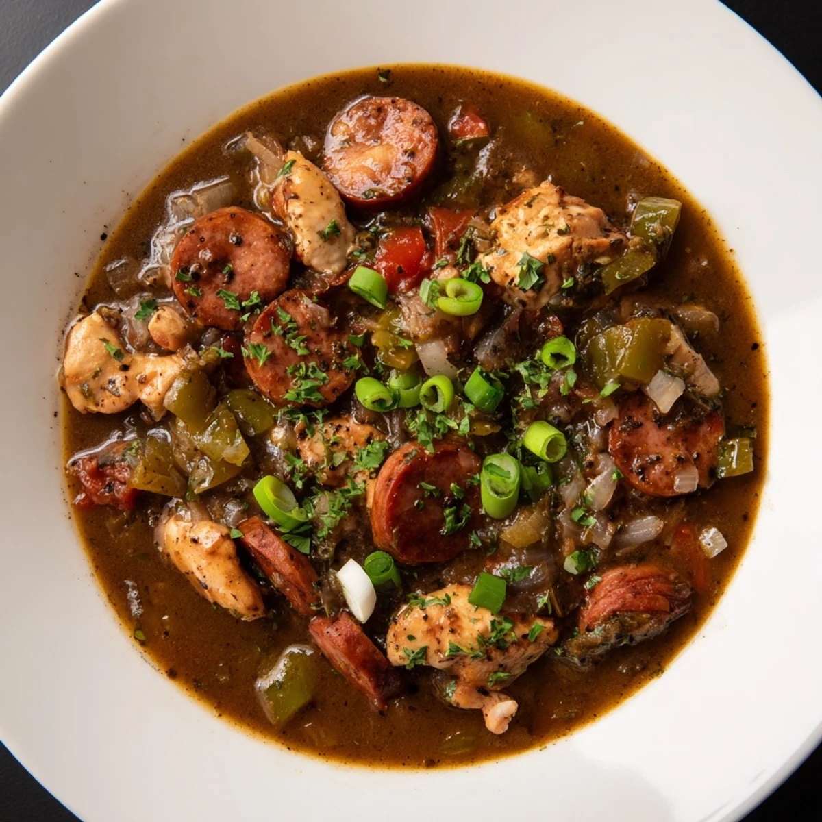 Tender chicken and smoky beef sausage simmer in a rich roux, serving Cajun Chicken and Beef Sausage Gumbo over white rice.