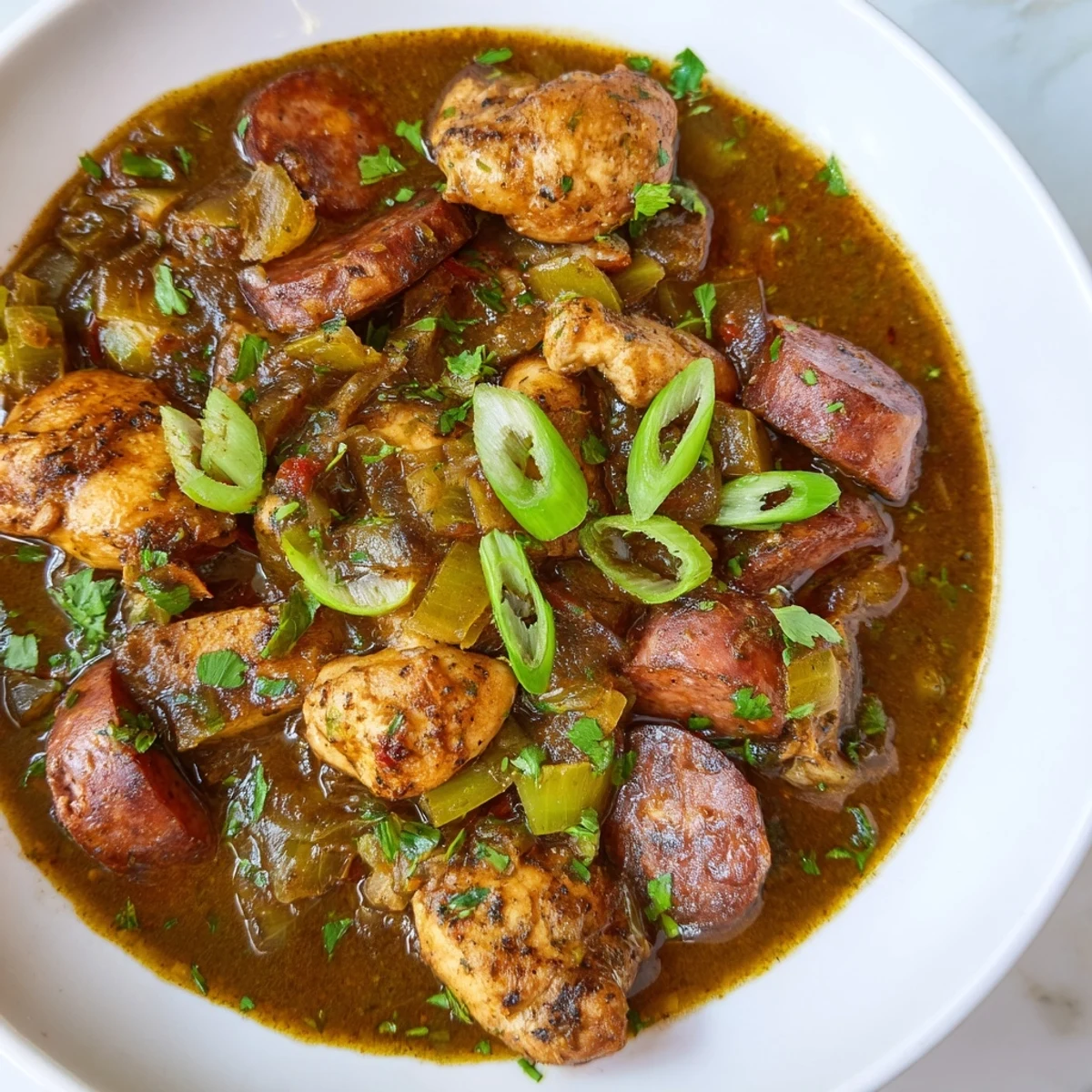 A steaming bowl of Cajun Chicken and Beef Sausage Gumbo features aromatic vegetables and spices, ready for a hearty family dinner.