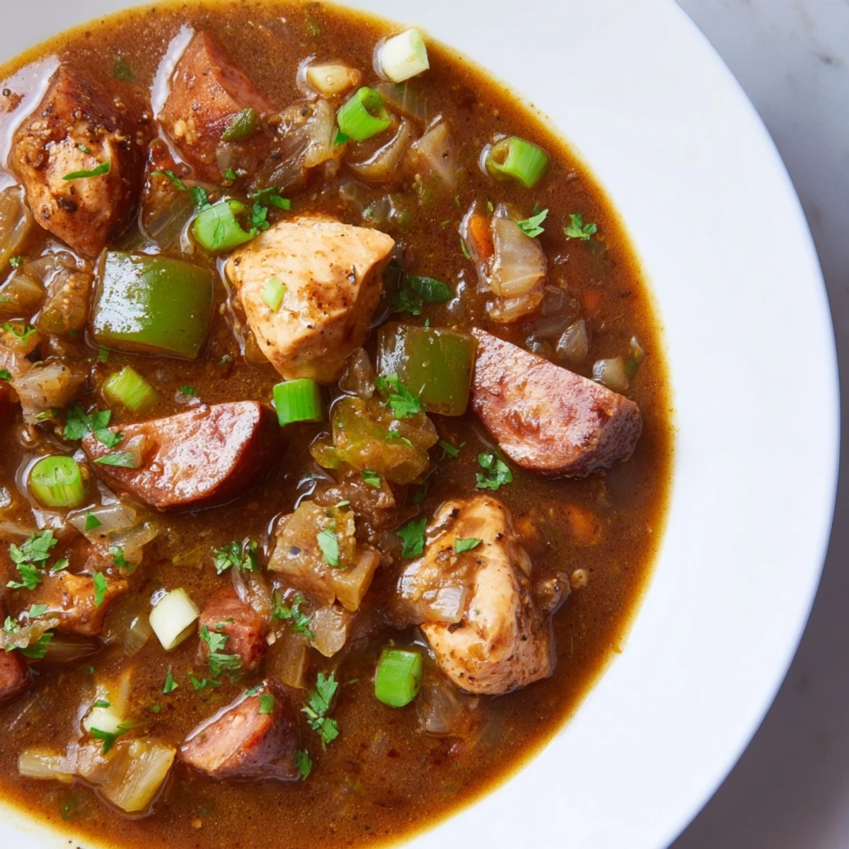Hearty Cajun Chicken and Beef Sausage Gumbo served hot with fluffy rice, garnished with fresh green onions and parsley for color.