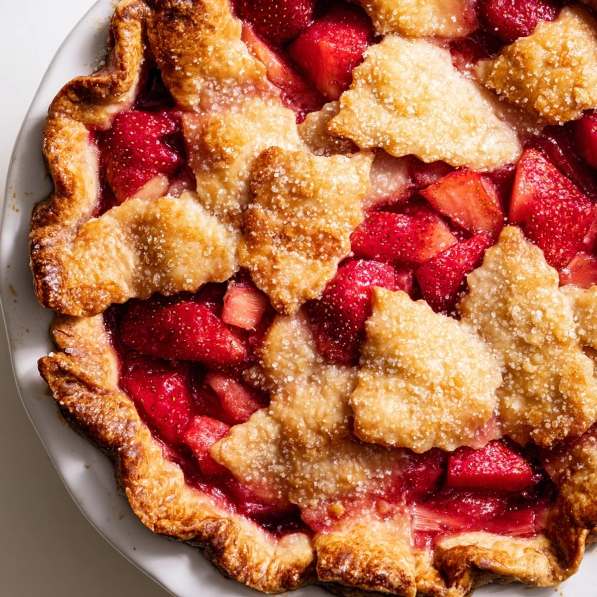 A close-up of Strawberry Rhubarb Pie with a golden lattice crust, bubbling with bright red strawberry and pink rhubarb filling.