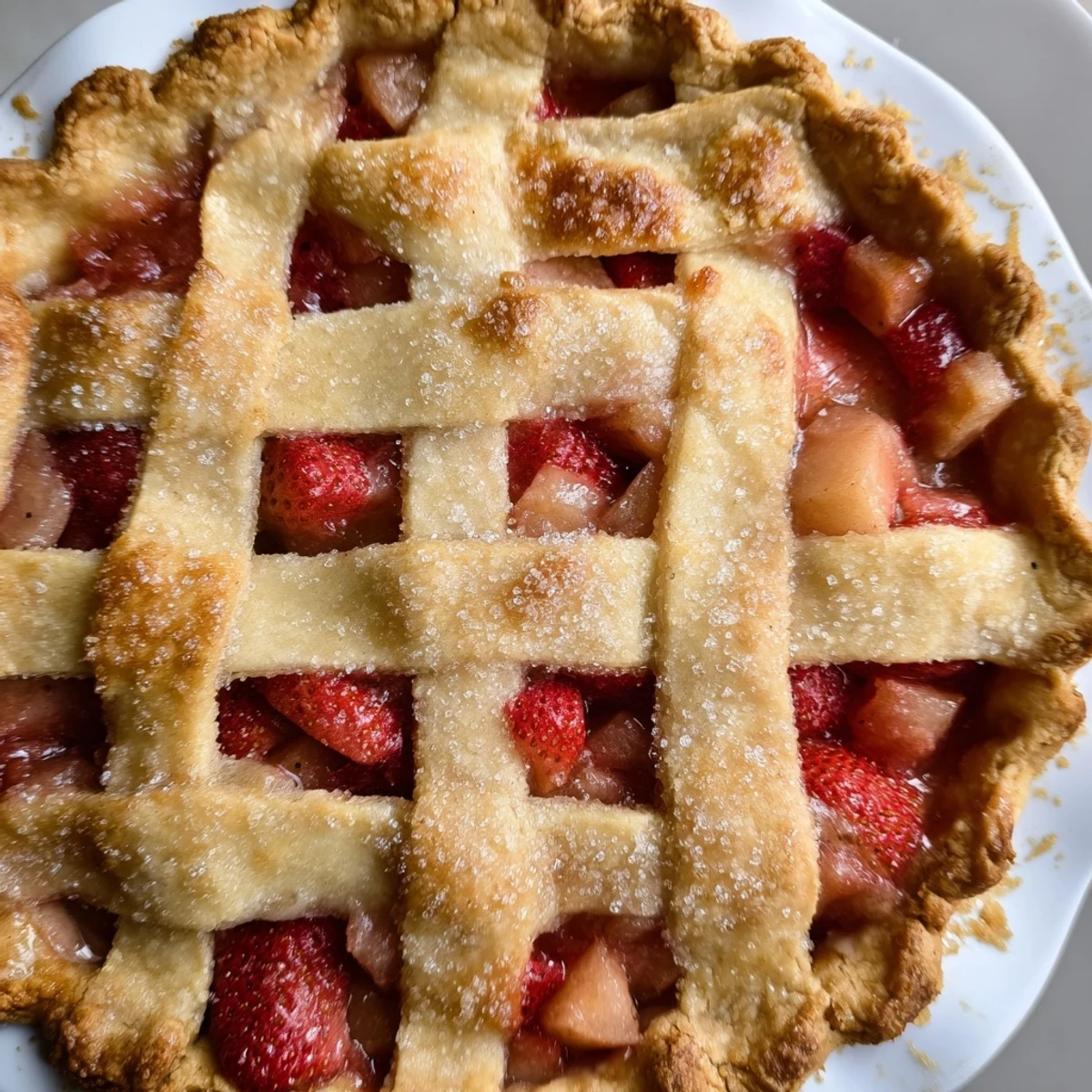 Slice of Strawberry Rhubarb Pie on a white plate, served with a dollop of creamy vanilla ice cream melting on top.