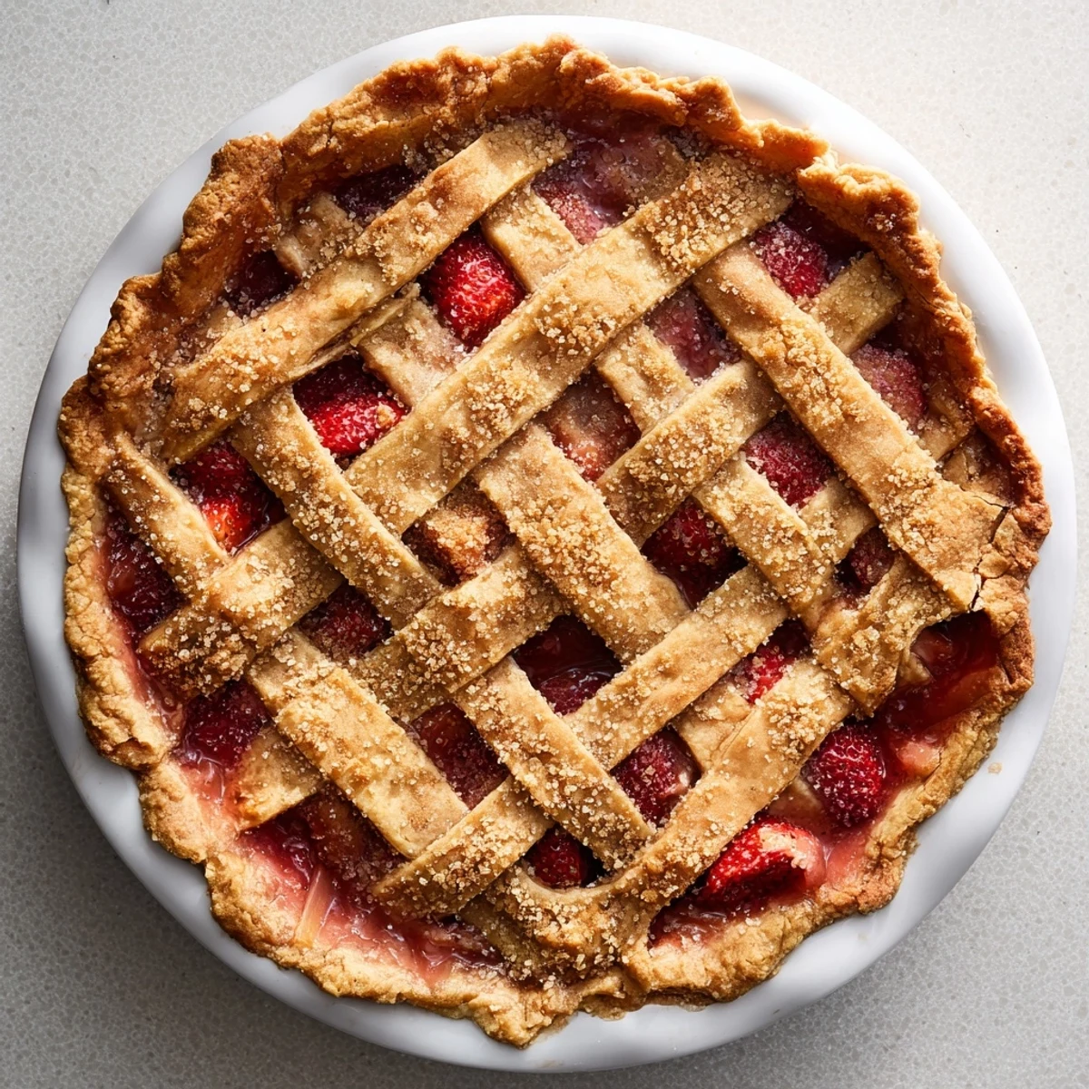 Homemade Strawberry Rhubarb Pie cooling on a rack, showcasing its flaky, buttery crust and sweet-tart fruit filling inside.