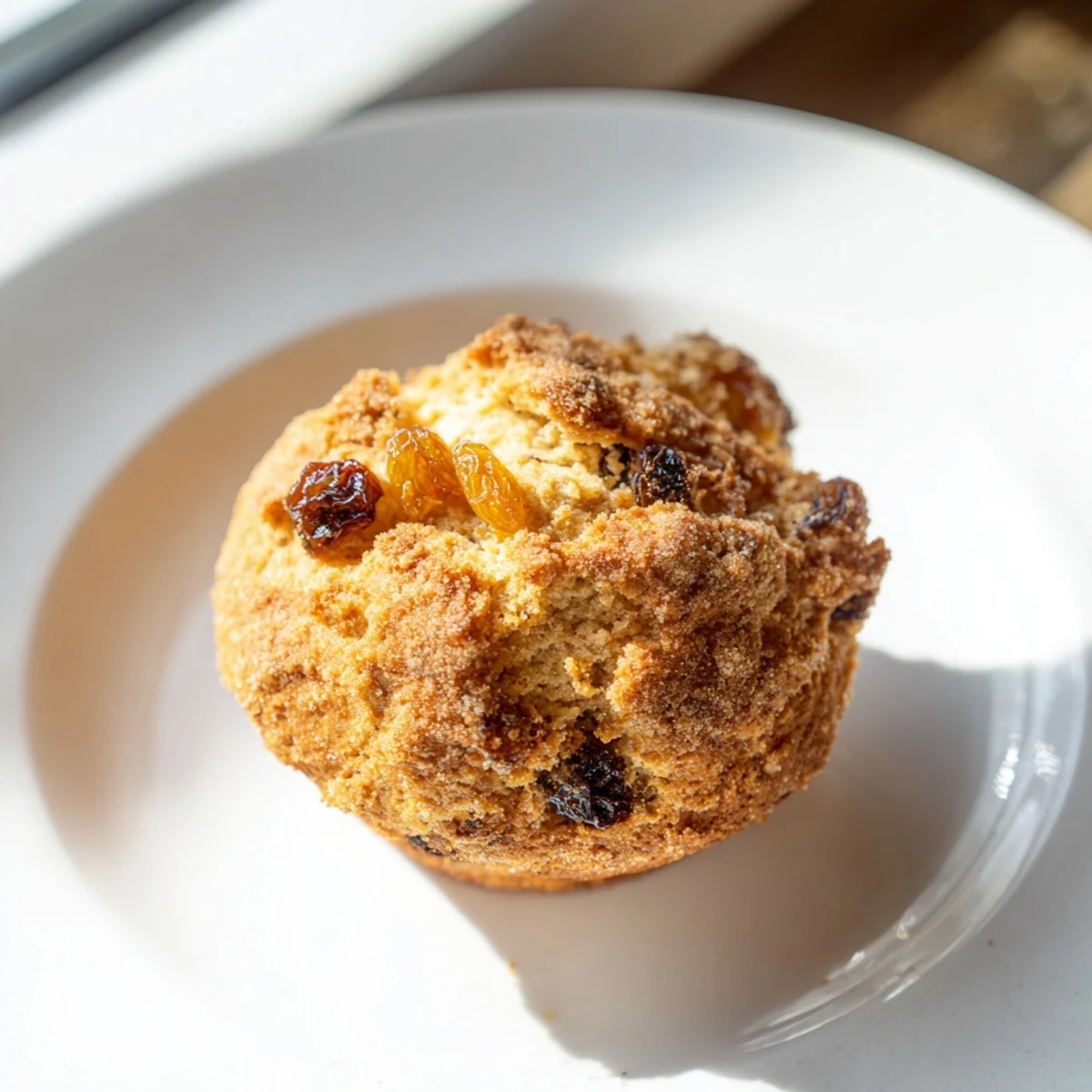 A close-up shot of warm Irish Soda Bread Muffins with Golden Raisins, showing the tender crumb texture and sugary top.