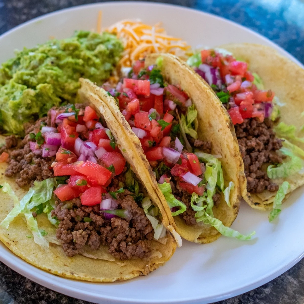 Juicy seasoned beef filling in warm tortillas, topped with fresh homemade salsa and creamy guacamole in this Beef Tacos with Homemade Salsa and Guacamole recipe.